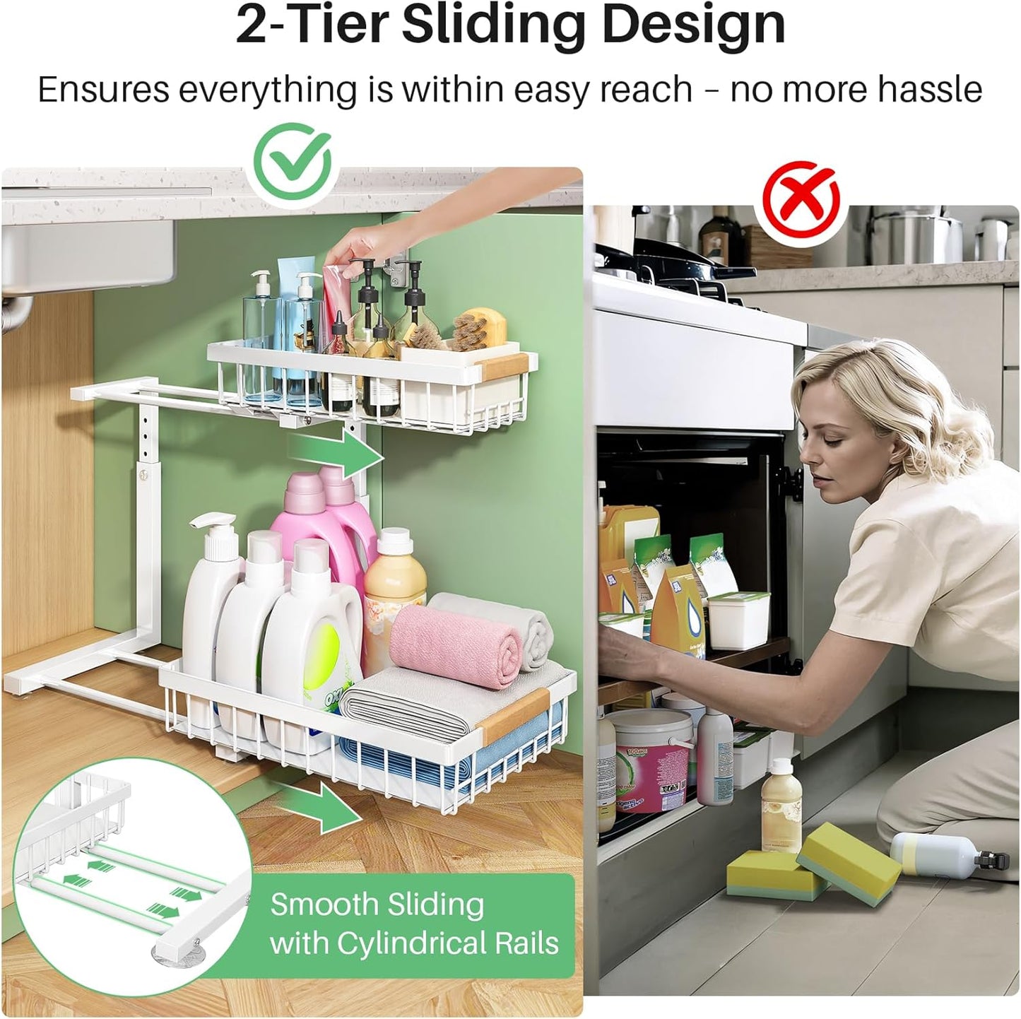 Under Sink Organizer, 2 Packs 2 Tier Under Sink Organizers and Storage, Slide out Pull out Cabinet Organizer Shelf, Metal Sliding Drawer for Kitchen Bathroom Pantry Closet Rack(White)