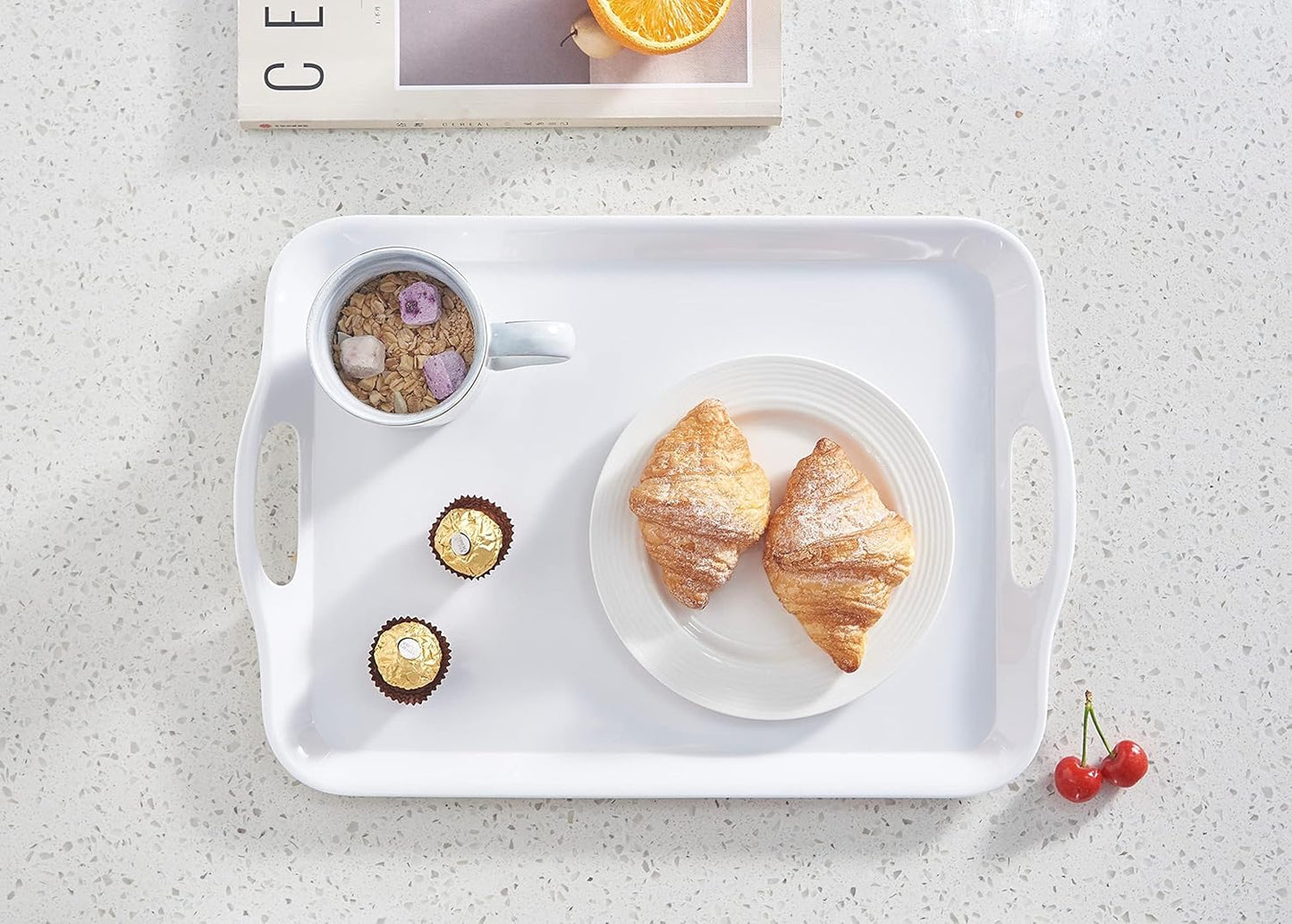 Blue Boat 16.5" x 11.5" Serving Trays Set of 4 White, Dinner Tray, Light Weight Easy to Clean Sturdy Stackable Melamine Serving Tray with Handle, Fruit, Snacks, and Desserts Trays