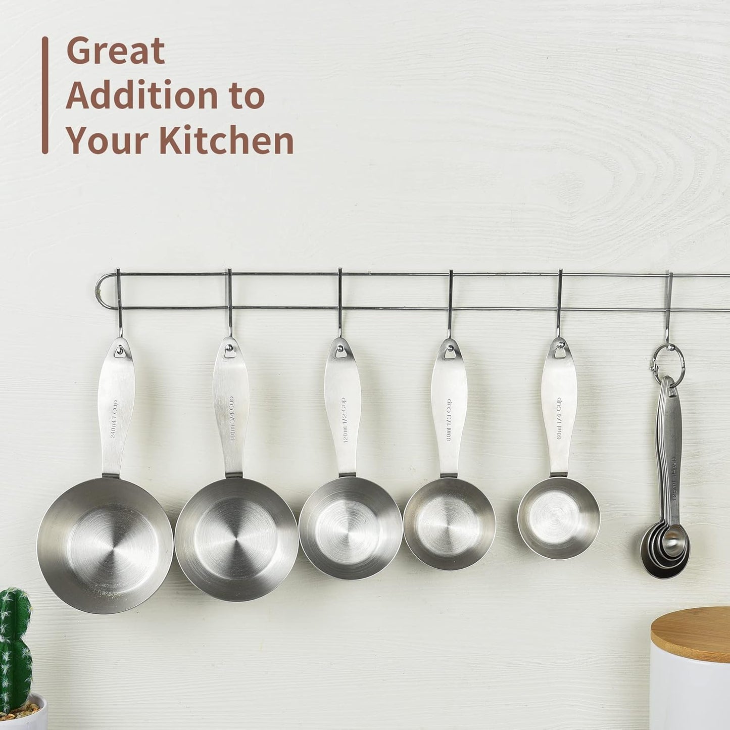 Measuring Cups and Spoons Set,With 5 Stainless Steel Measuring Cups and 5 measuring spoons and Measure Ingredient Leveler and 2 rings. (siliver)