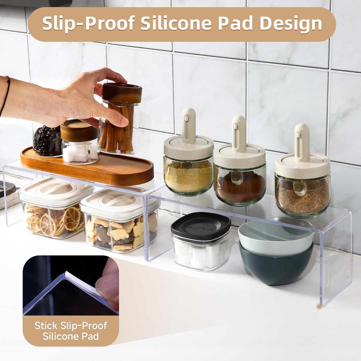 4 Packs Cabinet Organizer Shelf, Acrylic Kitchen Counter Shelves Organizer, Spice Rack for Dishes, Spices, Soda Cans and Bottles(12.4 x 4 x 4.6 inch)