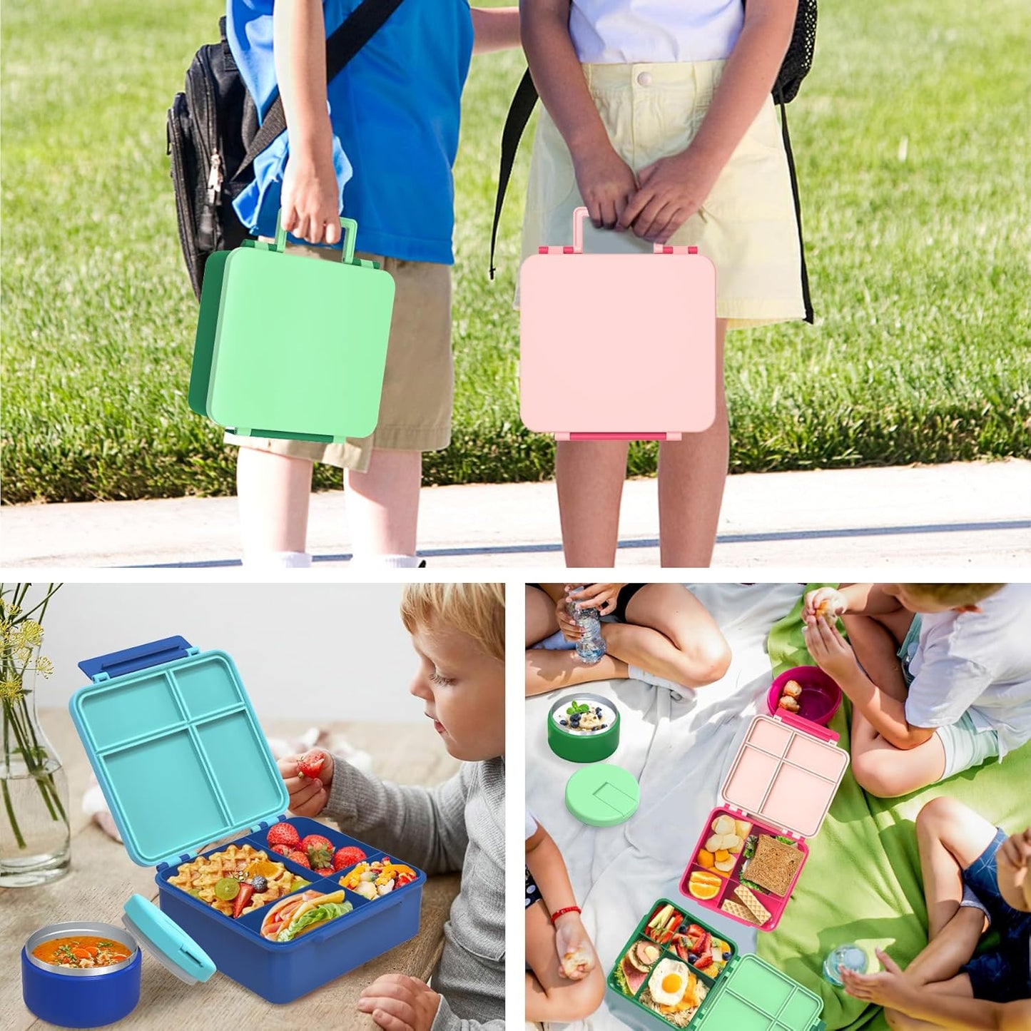 Bento Lunch Box with 8oz Soup Thermo, Leak-Proof Lunch Containers with 4 Compartment, Thermo Hot Food Jar and Insulated Lunch Box for School Blue