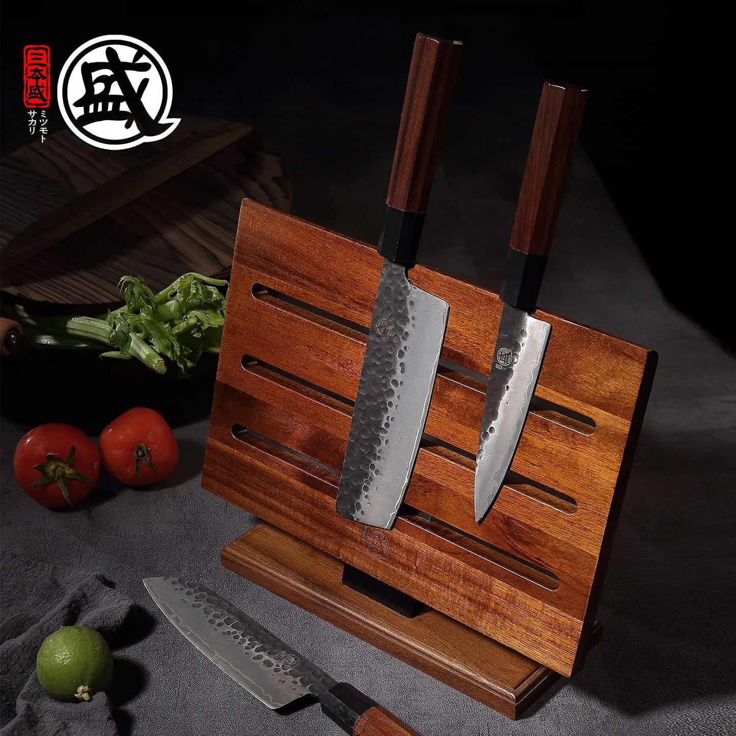 MITSUMOTO SAKARI Japanese Magnetic Knife Block, Japanese Acacia Wood Knives Holder Stand, Enhanced Double-Sided Magnetic Wooden Knife Storage for Kitchen Counter