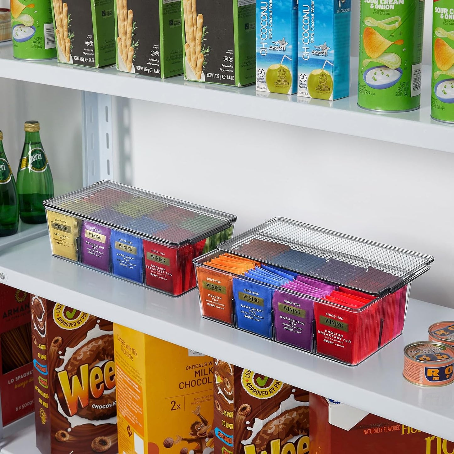 Lifewit Plastic Black Tea Bag Organizer, Divided Storage Bin Box with 8 Compartments, Holds Coffee Pods, Sugar Packets, Condiments, Snacks for Countertop, Cabinet, 2 Pack