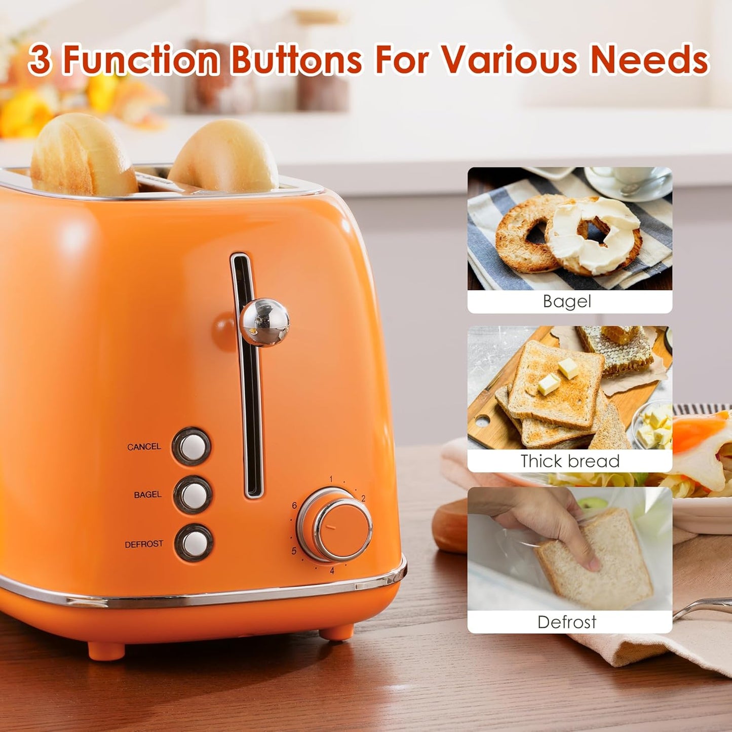 2 Slice Toaster Retro Stainless Steel with Bagel, Cancel, and Defrost Functions, 6 Bread Shade Settings, Extra Wide Slots and Removable Crumb Tray, Orange