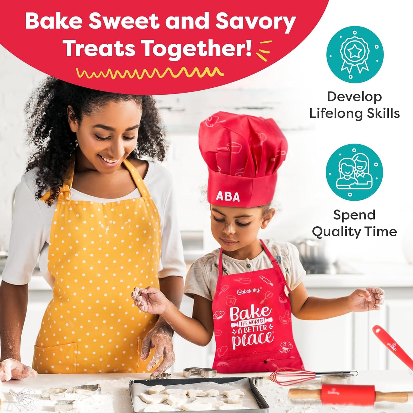 Baketivity Kids Chef Hat and Apron Set for Boys & Girls - One Size Fits All (Adjustable) - Premium, Washable Apron and Hat Set for Cooking - Young Chefs & Junior Bakers Chef Outfit for Kids