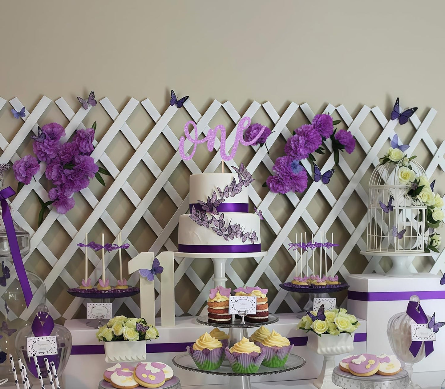 First Birthday Cake Topper - Purple Glitter One Cake Decorating Supplies for Girls and Boys, Perfect for Baby Shower/Gender Revealing Party Photo Booth Props