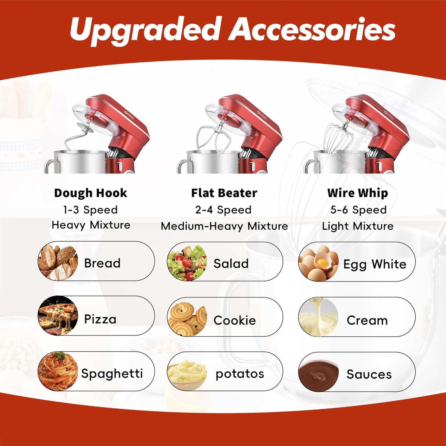 Kitchen in the box Stand Mixer, 900W 7.5QT Kitchen Electric Mixer, 6-Speed Tilt-Head Food Mixer for Baking with Dough Hook,Wire Whip,Beater (Red)