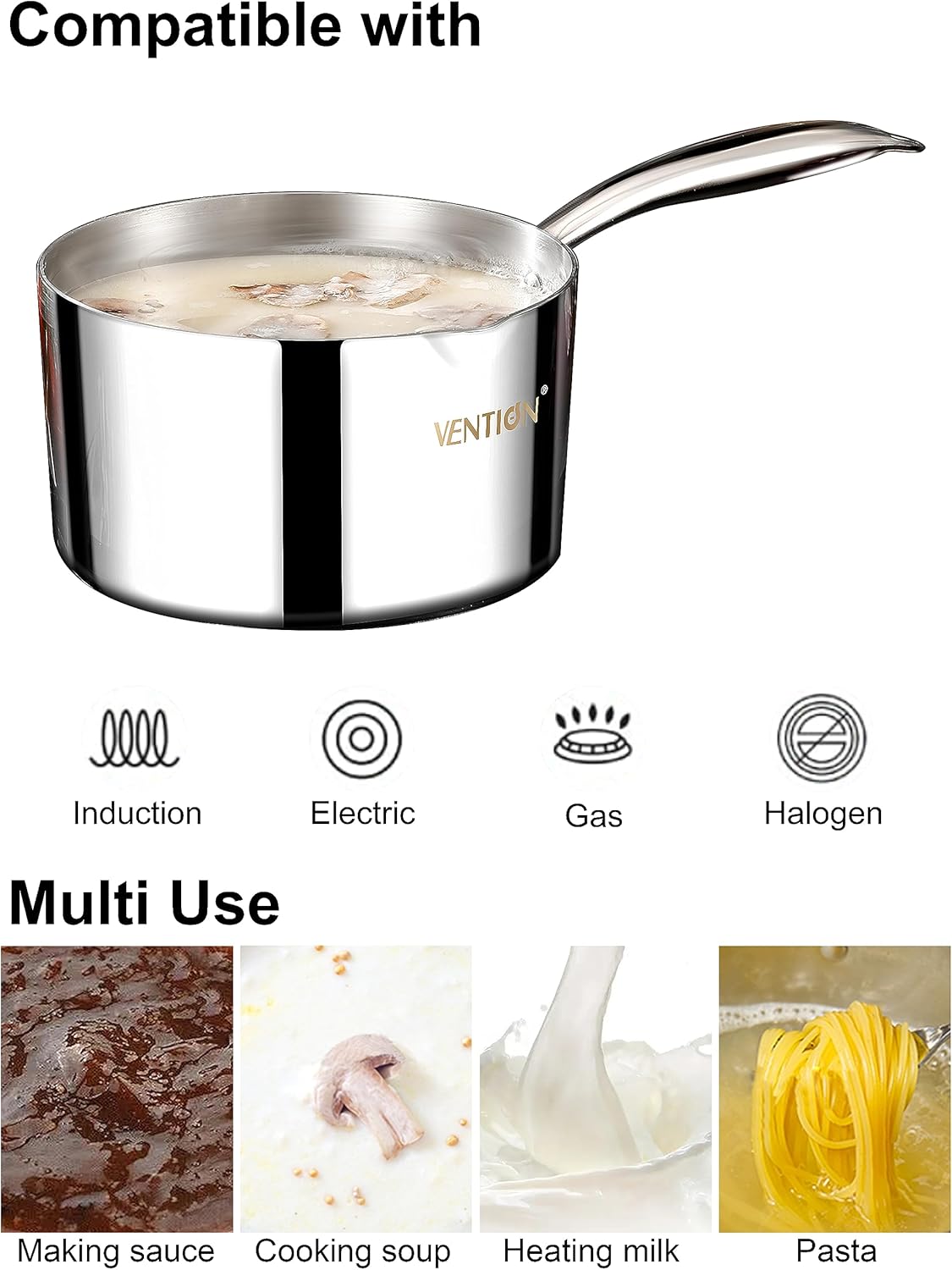 VENTION Tri-Ply Stainless Steel 1 Quart Saucepan with Lid, Bright Small Sauce Pan with Pour Spout, Small Pots for Cooking, Right Hand