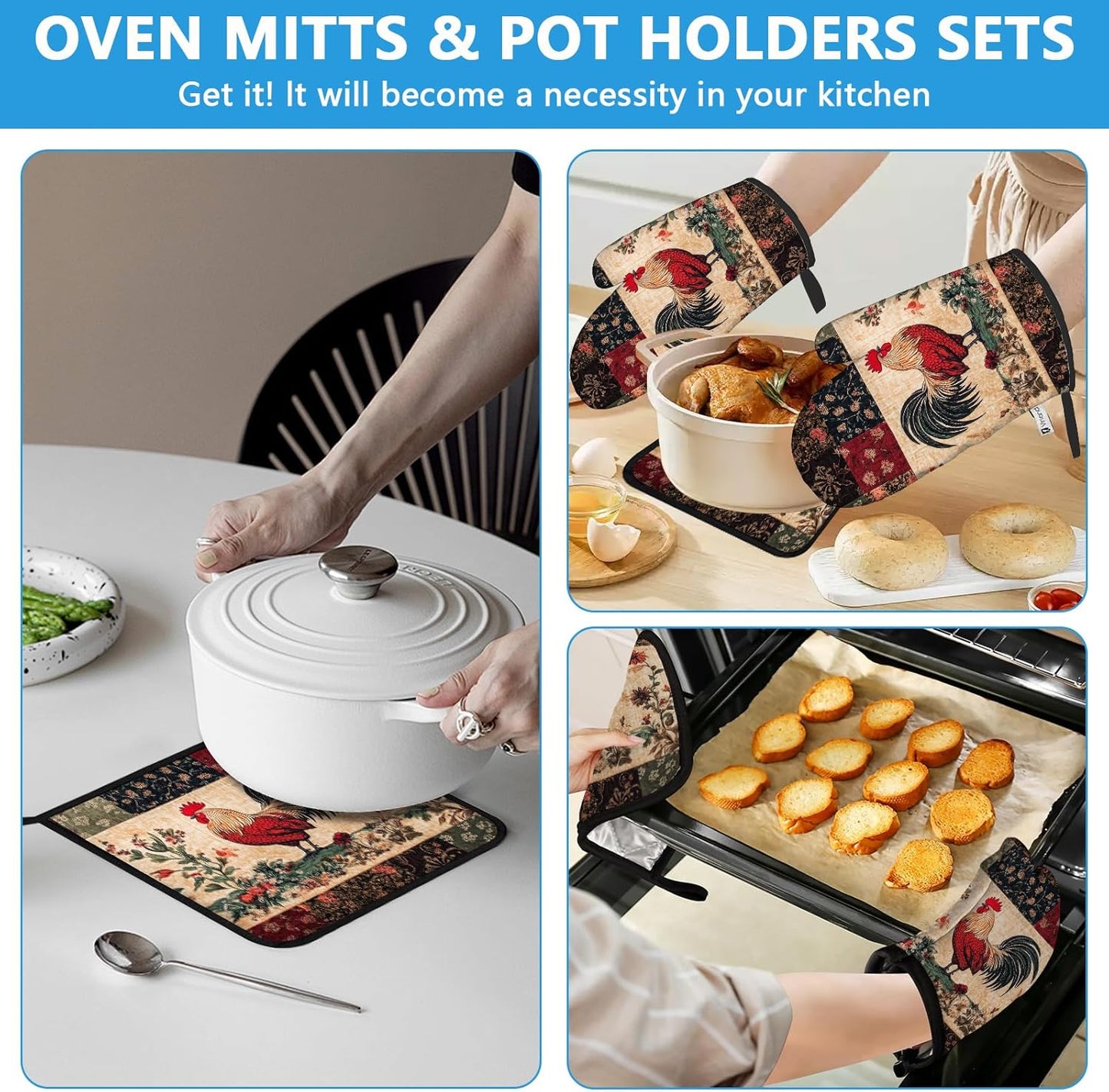 Rustic Rooster Oven Mitts and Pot Holders Sets Heat Resistant 4Pcs Potholders Oven Gloves Hot Pads for Kitchen Baking Cooking Grilling BBQ