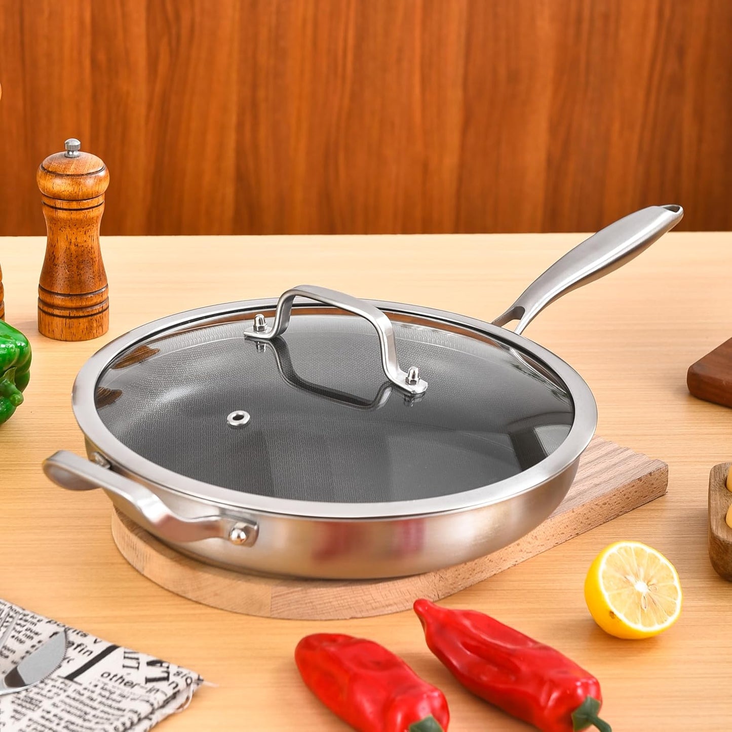 Inqibee 12-Inch Hybrid Tri-Ply Stainless Steel Non Stick Chef's Frying Pan with Lid and Helper Handle,Skillet,Induction Cooking Pan,Dishwasher and Oven Safe