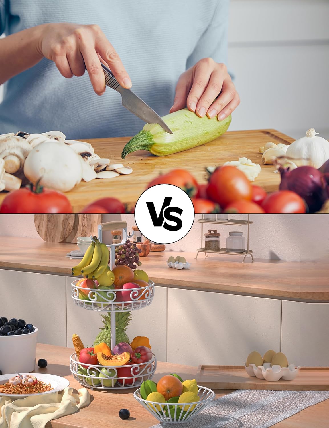 2-Tier ๐
๐ซ๐ฎ๐ข๐ญ ๐๐๐ฌ๐ค๐๐ญ and Fruit Bowl - Fruit and Vegetable Storage with Banana Tree Hanger and Wood Handle, Fruit Basket for Kitchen Counter, for Bread Onions Potatoes Veggies Produce