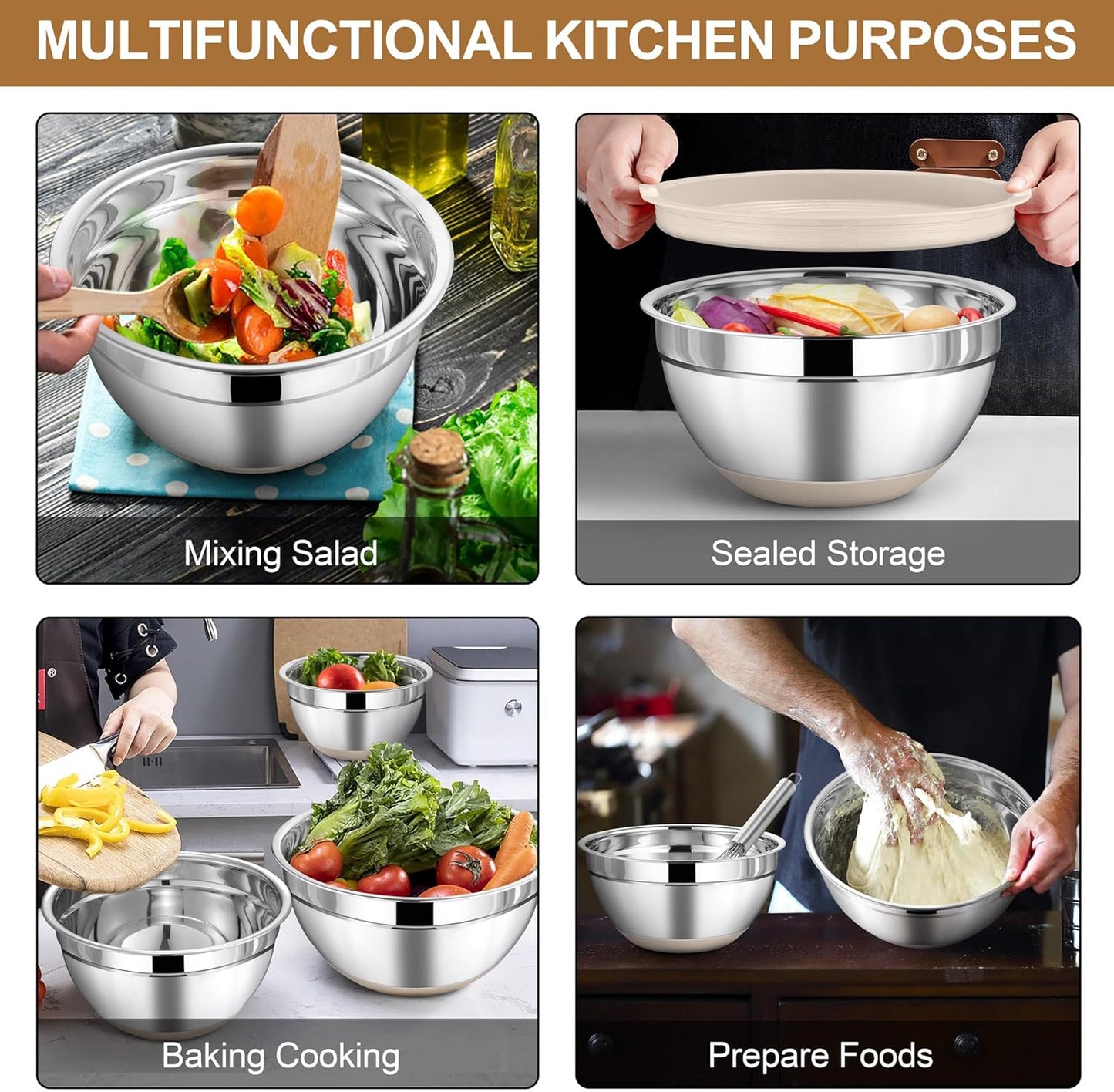 LIANYU Stainless Steel Mixing Bowls Set with Airtight Lids, 6 Piece Nesting Metal Bowls for Kitchen Baking Cooking Serving Food Storage, Size 7, 3.5, 2.5, 2, 1.5, 1QT, Non-slip Bottom, Khaki