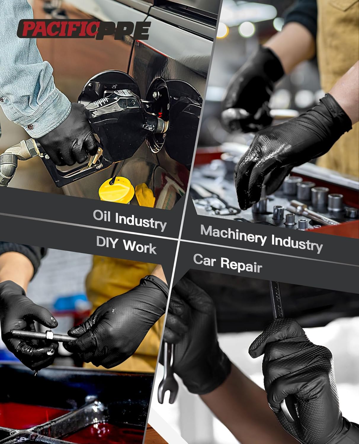 PACIFIC PPE 8 Mil Heavy Duty Black Nitrile Gloves, Food Safe, Latex Free, Mechanic, Fully-Diamond Textured Grip Industrial Disposable Gloves, X-Large