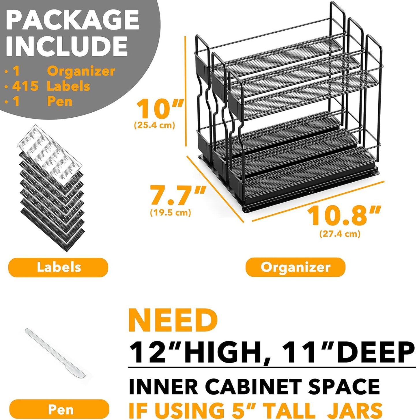 SpaceAid Pull Out Spice Rack Organizer, Heavy Duty Slide Out Seasoning Kitchen Organizer, Cabinet Organizer, with Labels, 7.7" W x10.75 D x10 H, 3 Drawers 2-Tier