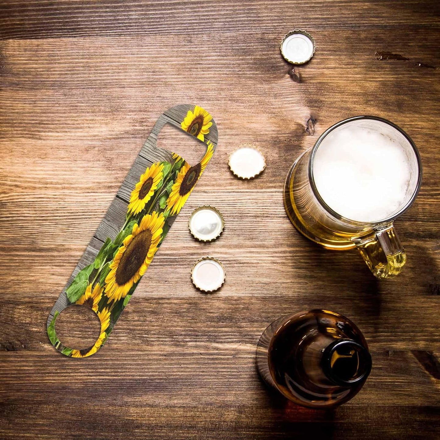 Sunflowers Stainless Steel Bottle Opener Wooden Board Yellow Flower Rustic Fence Natur Color Simple Flat Beer Bottle Opener Keychain for Home Kitchen Bar Restaurant Party Birthday Gift