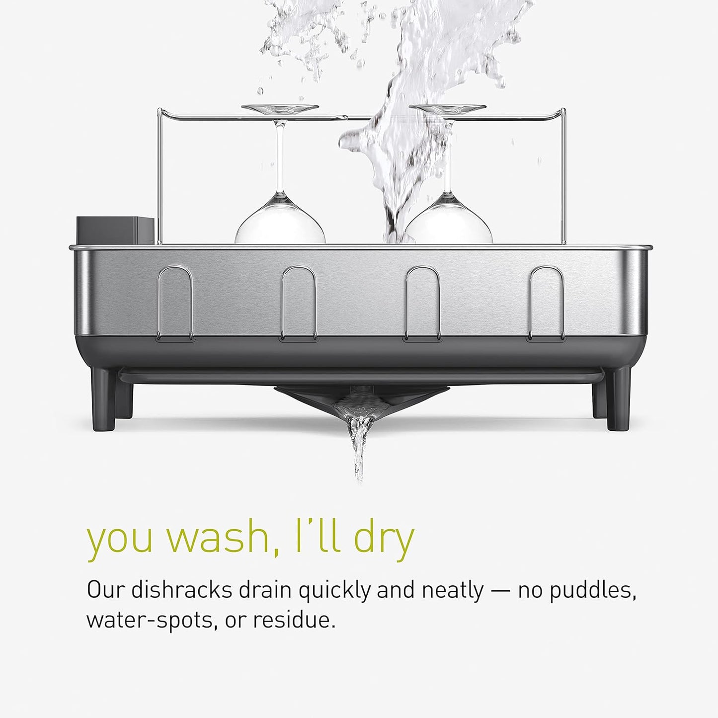 simplehuman Large Capacity Dish Drying Rack with Stainless Steel Frame, 360º Easy Drain Swivel Spout, Utensil & Wine Glass Holder, Anti-Residue Coating, Moisture Control Surface, Grey