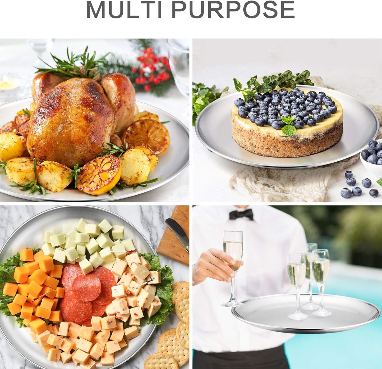 P&P CHEF 12 + 13.5 + 13.5 Inch Pizza Pan, 3 Pieces Stainless Steel Round Pizza Tray Dish Plate For Oven Baking Roasting, Healthy & Heavy Duty, Rust Free & Dishwasher Safe -Silver