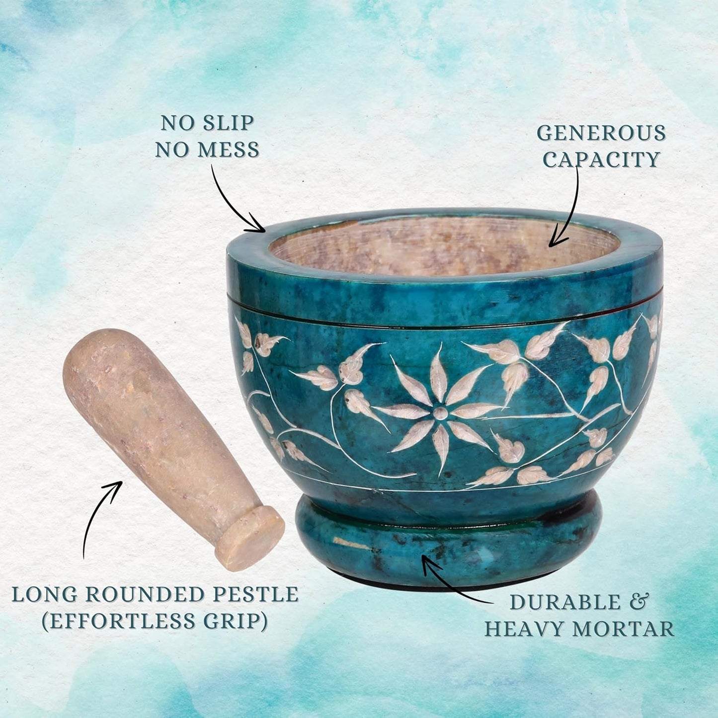 Mortar and Pestle, Made of Heavy Duty Polished Hard Stone, Natural Stone Grinder for Spices, Pastes, Herbs, Seasoning etc. (Turquoise Floral)