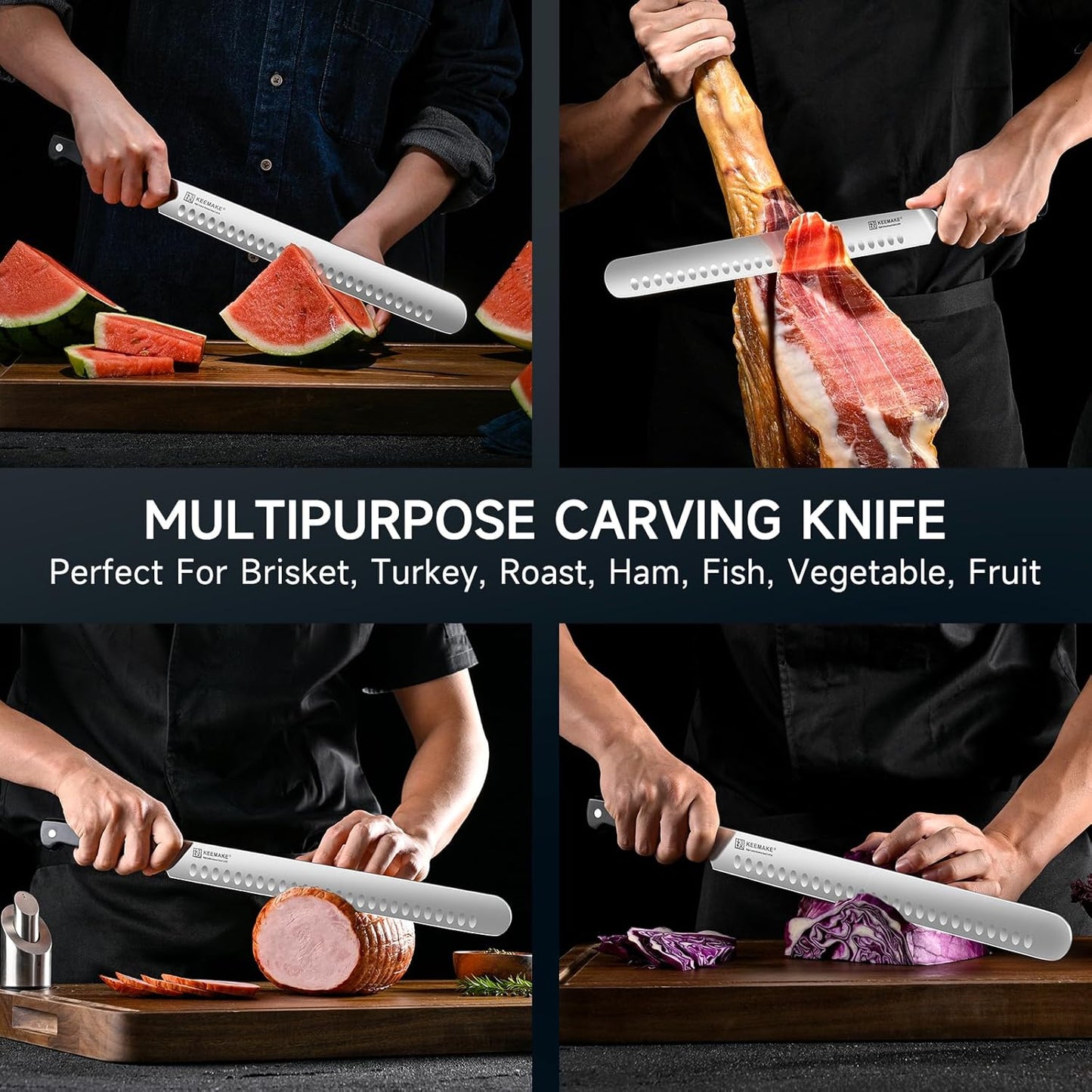 KEEMAKE Brisket Knife 12.5 Inch, Slicing Carving Knife, High Carbon Stainless Steel Sharp Kitchen Knife with Ergonomic Handle Full Tang Design for Ham Meat Cutting and BBQ