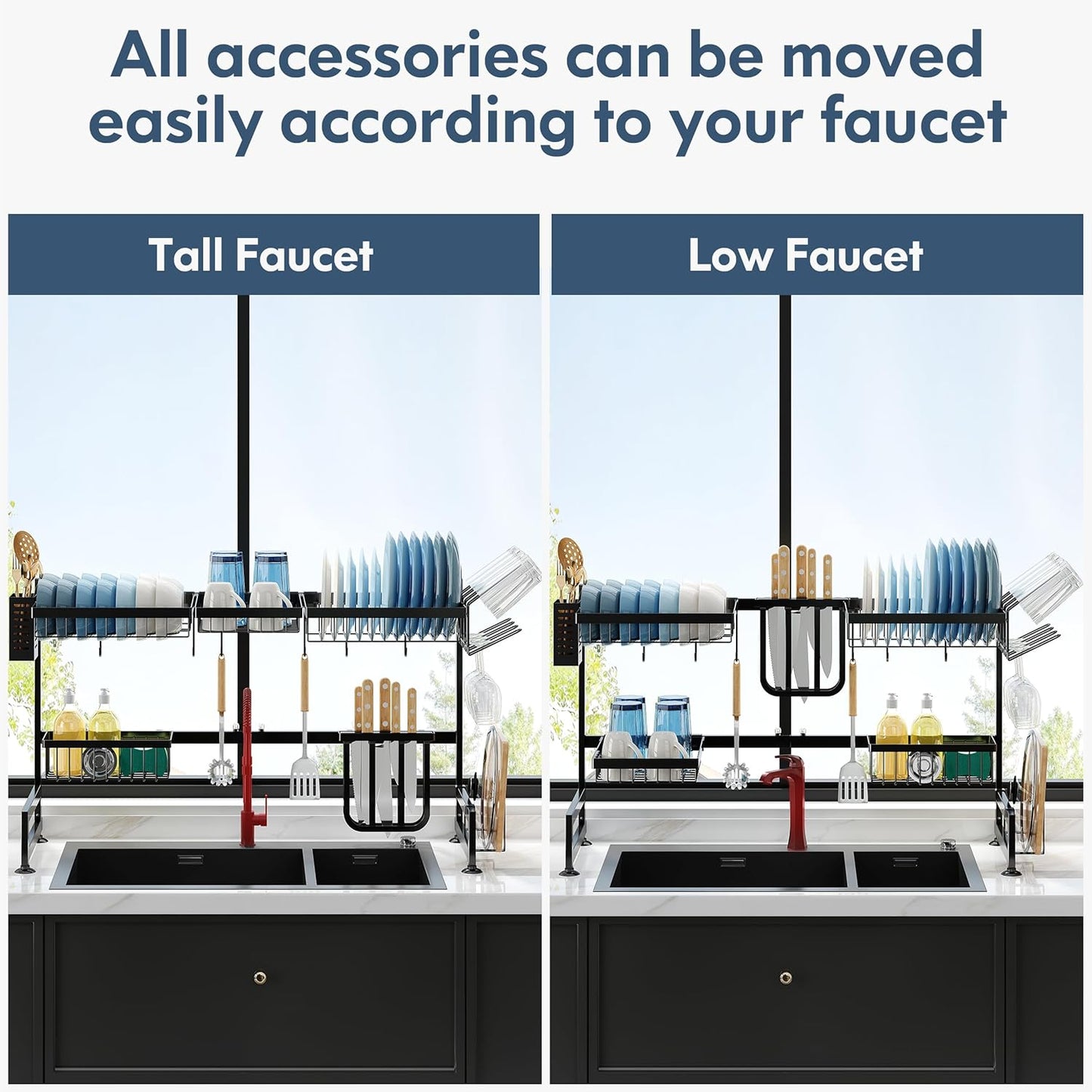 2 Tier Extra Large Stainless Steel Expandable Over The Sink Dish Drainer Drying Rack, Rust Proof Metal, Space Saving, Modern Black Big Capacity Extendable Plate Strainers Above Kitchen Counter