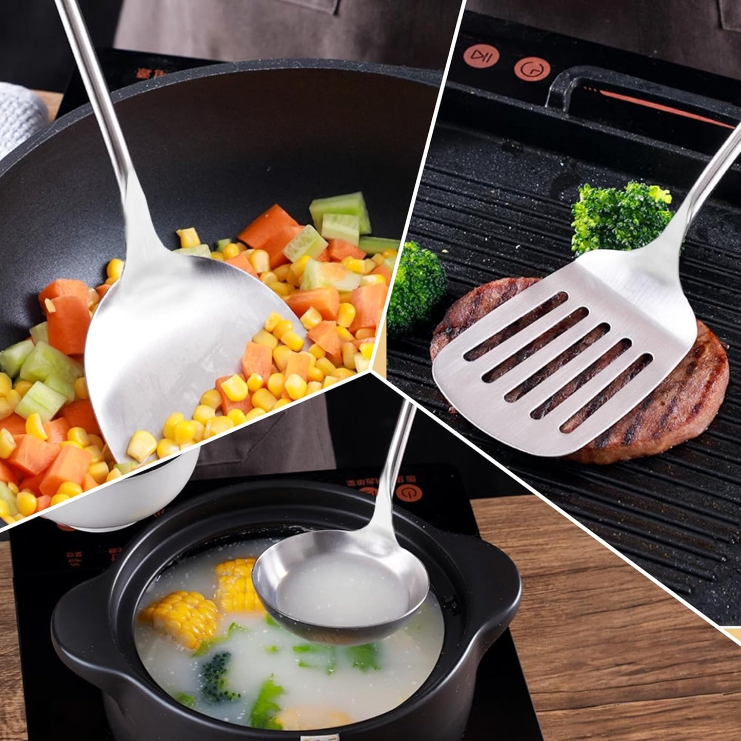 FJNATINH Spatula and Ladle - Set of 2 Wok Tools - Universal Wok Ladle and Spatula - Stainless Steel Cooking Utensils and Wok Accessories,14"-15"