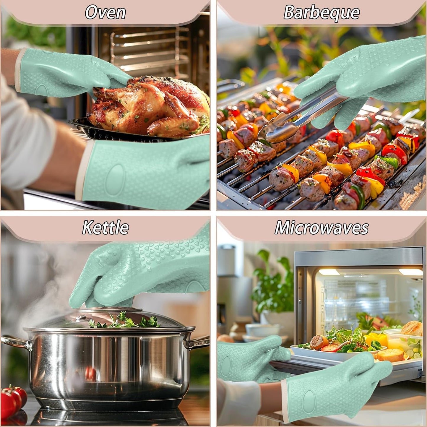 Oven Mitts with Fingers, Heat Resistant 500°F, Waterproof & Non-Slip Kitchen Gloves for Baking, Grilling, Cooking.5-Finger Design with Soft Lining, Hanging Hook,Mint Green