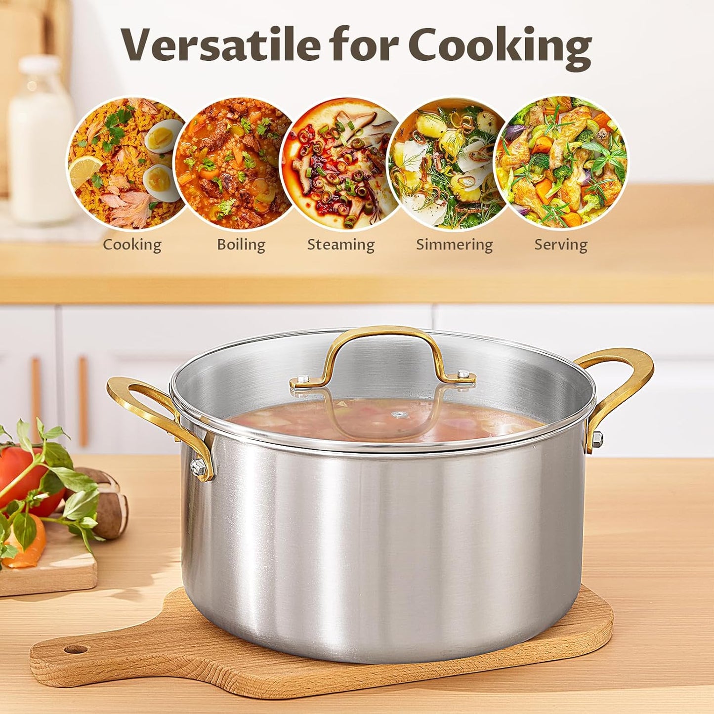 BEZIA 8 Quart Tri-Ply Stainless Steel Pot, Stockpot with Tempered Glass Lid, Exceptional Heat Distribution, Induction Pot, Induction Cooking Pot for All Stoves, Dishwasher Safe, Silver