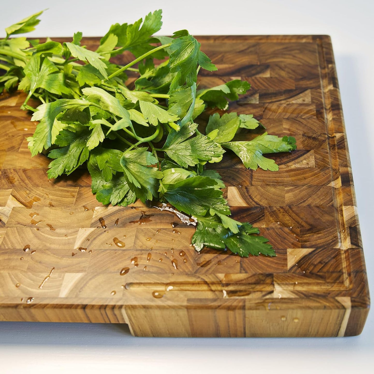 Teak Cutting Board Large (ExtraThick 1.7"). Premium Quality Butcher Block, Charcuterie Board. Heavy Duty End Grain Wood Chopping Board 19.7"L x 12.2"W with Handle (Oil bottle & Plate included)