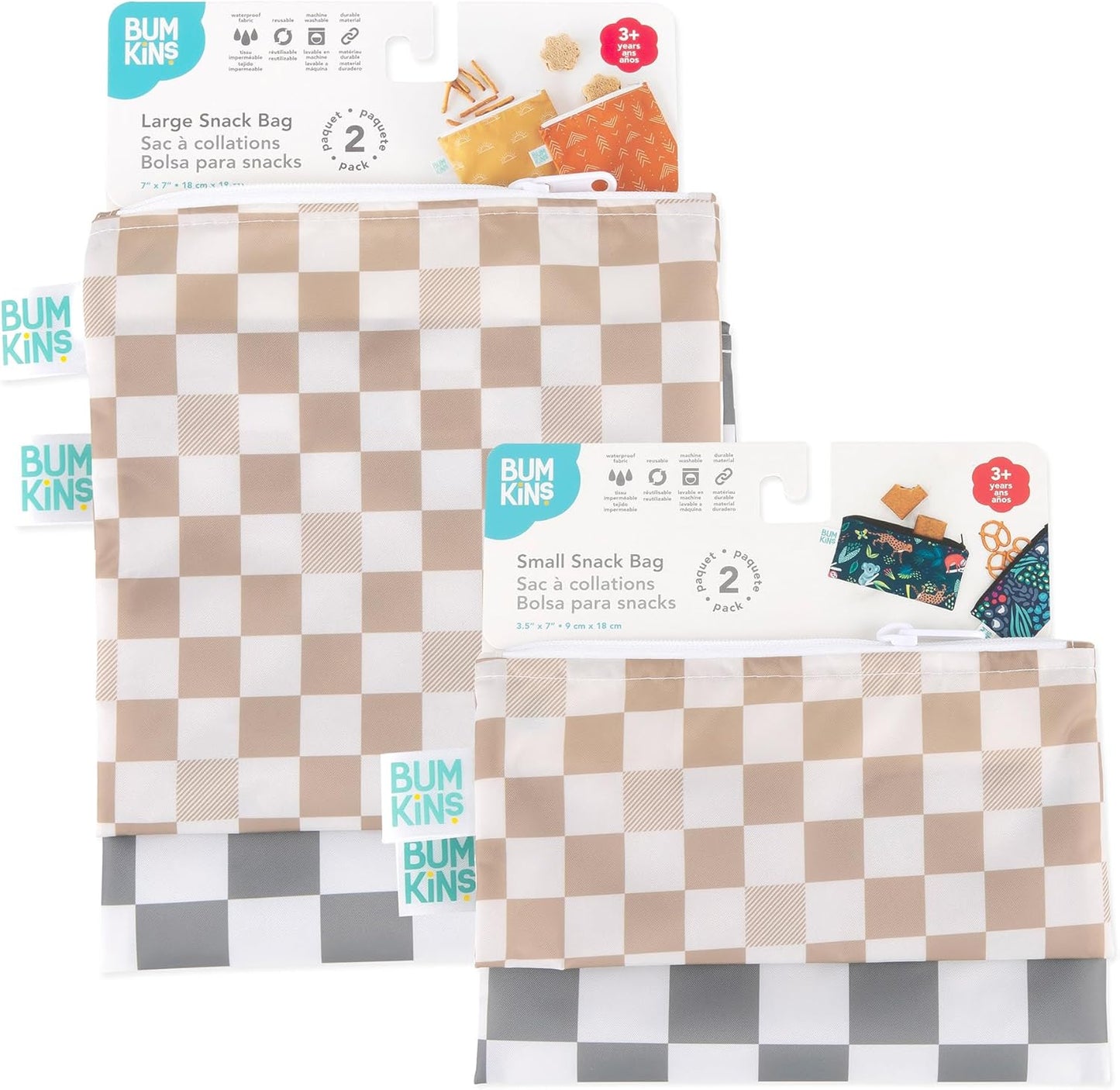 Bumkins - Cloth Snack & Sandwich Bags - For Storage, Travel, Food Prep, Lunch - Reusable, Water Resistant, Washable, Dishwasher Safe - Snack Bags for Kids - Zipper Closure - Check - 4 Pack