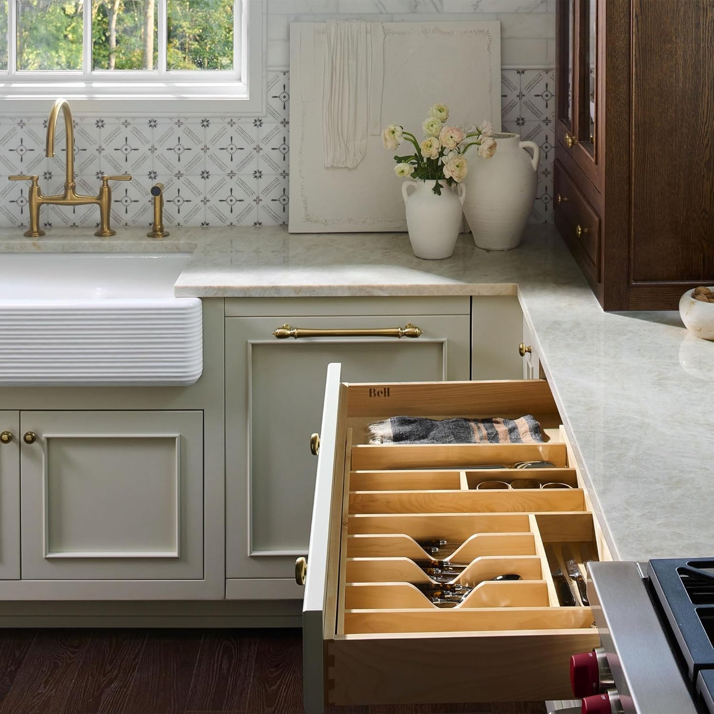 Rev-A-Shelf Trim-to-Fit Silverware Drawer Organizer For Kitchen Utensils, Cutlery Cabinet Storage Divider Insert, 33" x 22", Maple Wood, 4WUTCT-36SH-1