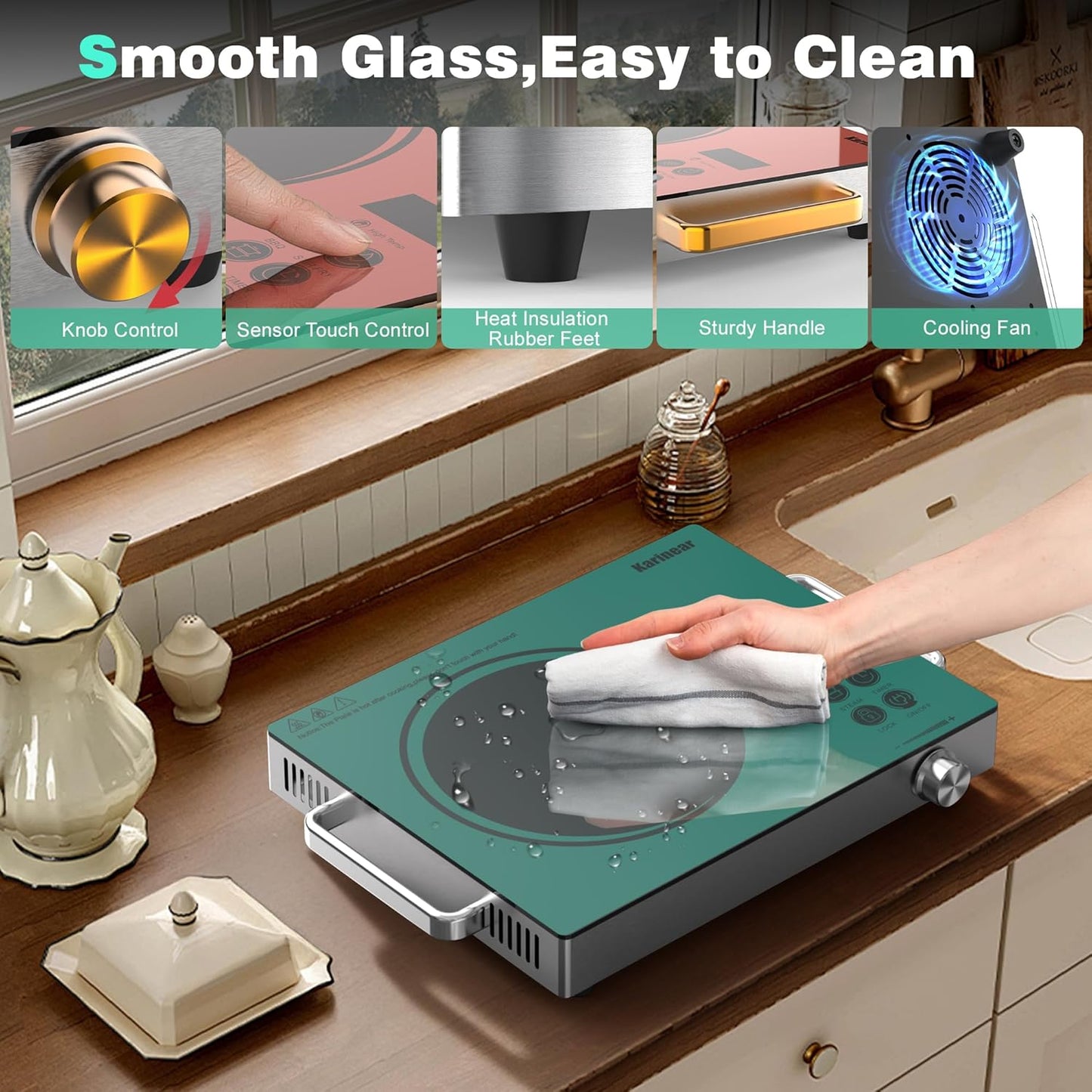 Karinear Portable Electric Stove 110V, 1800W Electric Hot Plate with Handle, Knob Control Single Burner Electri Cooktop, Ceramic Infrared Countertop Burner, Timer, Safety Lock(Green)