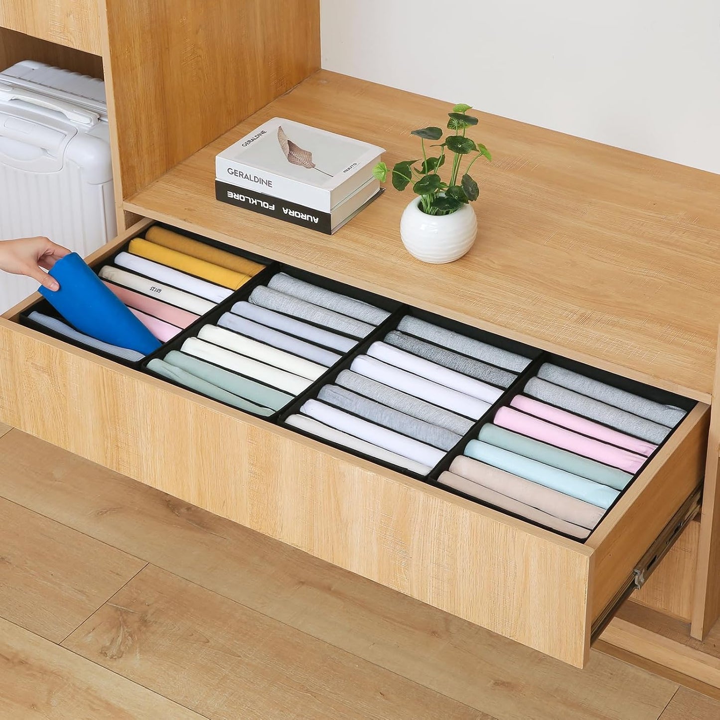 Qozary 4 Pack Drawer Organizers for Clothing, 8 Grids Foldable Closet Organizers and Storage Bins for Bedroom, Dresser Organizer Boxes for Thin T-shirts, Tank Tops (Black, Upgrade Height)