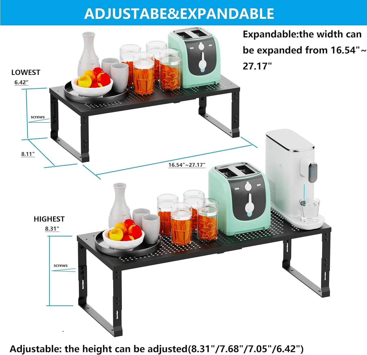 Expandable Spice Rack,Stackable Storage for Cabinet, Multi-Functional Kitchen Shelving,Height-Adjustable,Sustainable Organizer Solution(2Packs/Black/Medium)