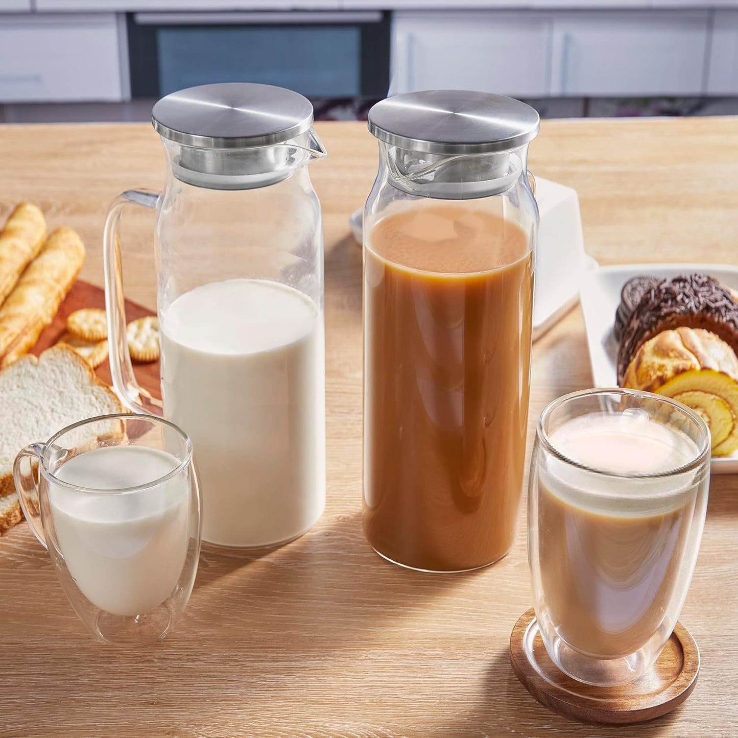 1.6 Liter 54 oz Glass Pitcher with Lid and Spout, Bivvclaz Glass Carafe Water Pitcher for Hot/Cold Water, Iced Tea, Drinks, Coffee, Juice and Homemade Beverage