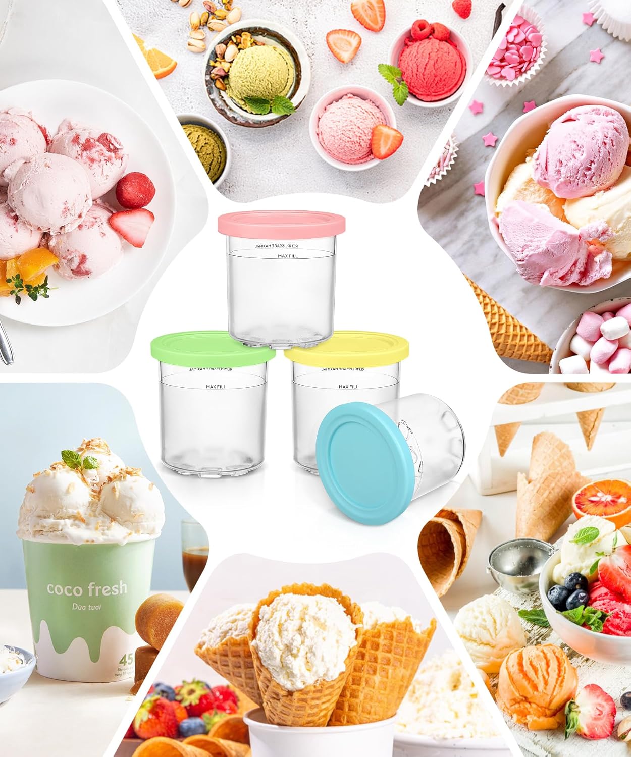 FIRJOY Replacement Pints and Lids 16 oz. Containers, Compatible with Ninja Creami NC301 NC300 NC299AMZ Series (4 Pack - Green, Pink, Yellow, Blue)