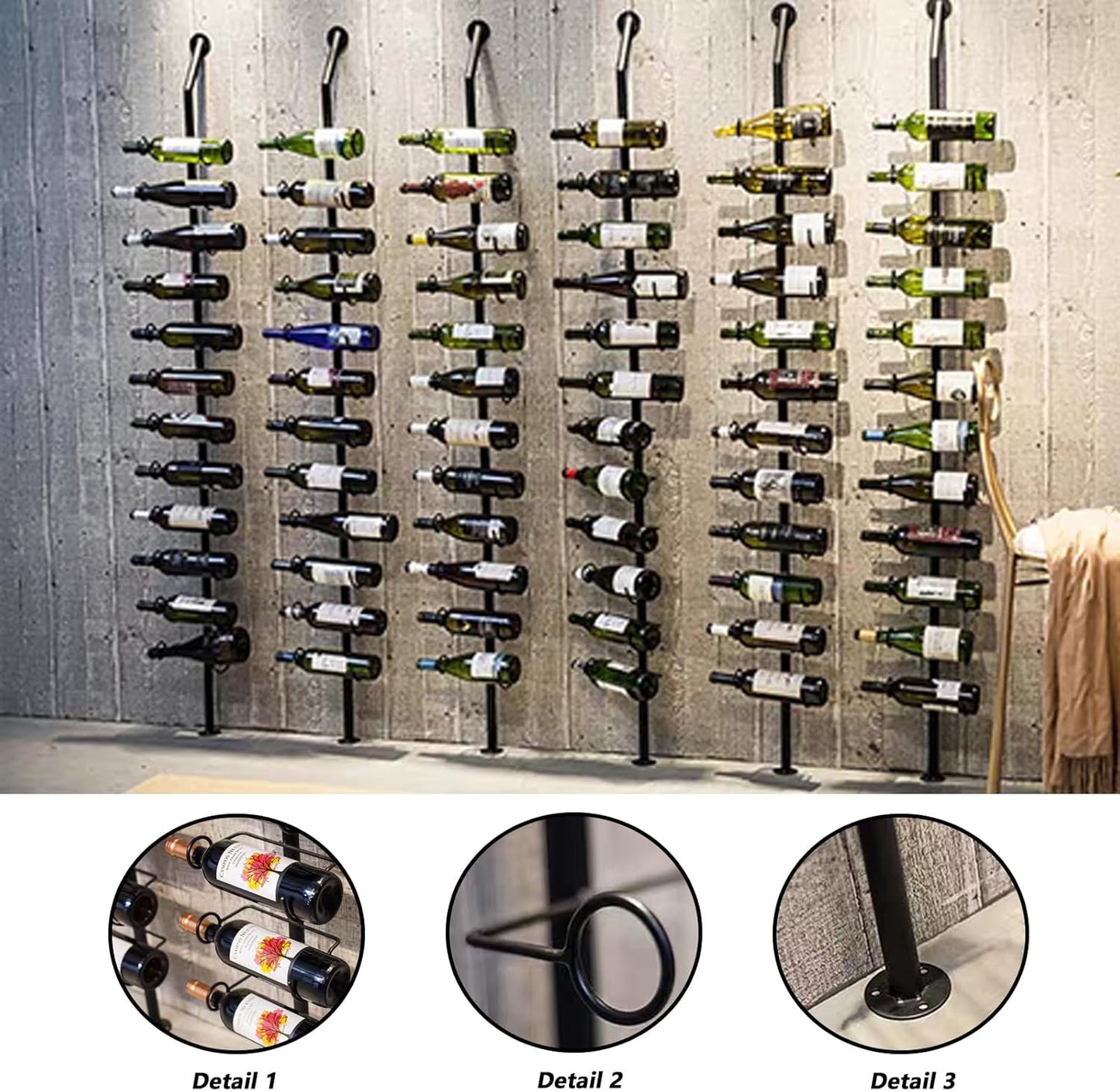 Wine Rack Wall Mounted, 72.8in High Metal Wine Bottle Holder for 12 Bottles, Kitchen Organization and Wine Storage for Commercial Restaurants Pantry Bar Wine Cellar (Black, Three rows-36 Bottles)