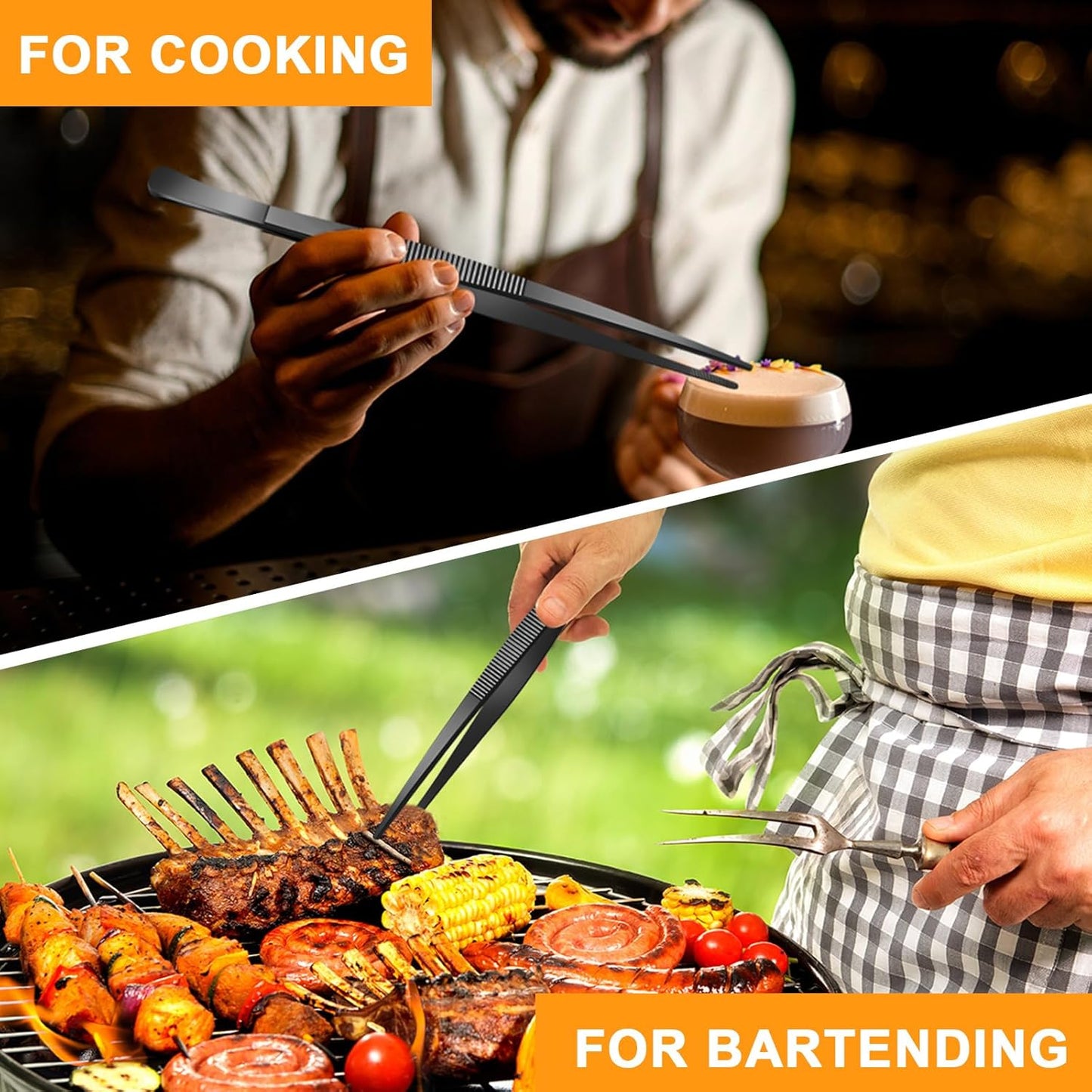 Yaomiao 4 Packs 8 Inch Bar Tweezers Black Long Garnish Tongs Stainless Steel Kitchen Cooking Tongs Tweezers for Food Cocktail Korean BBQ Bartender Chef, Multi-use