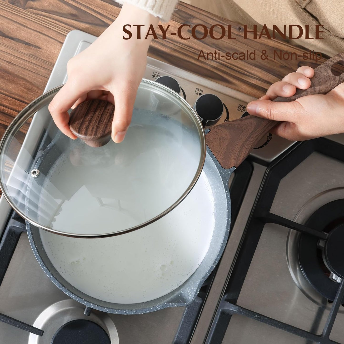 SENSARTE Nonstick Sauce Pan with Double Spout, 3.0 Quarts Swiss Granite Coating Sauce Pot with Lid Medium Kitchen Cooking Pot, Induction Comptable Saucepan, Free of Intentionally Added PFOA