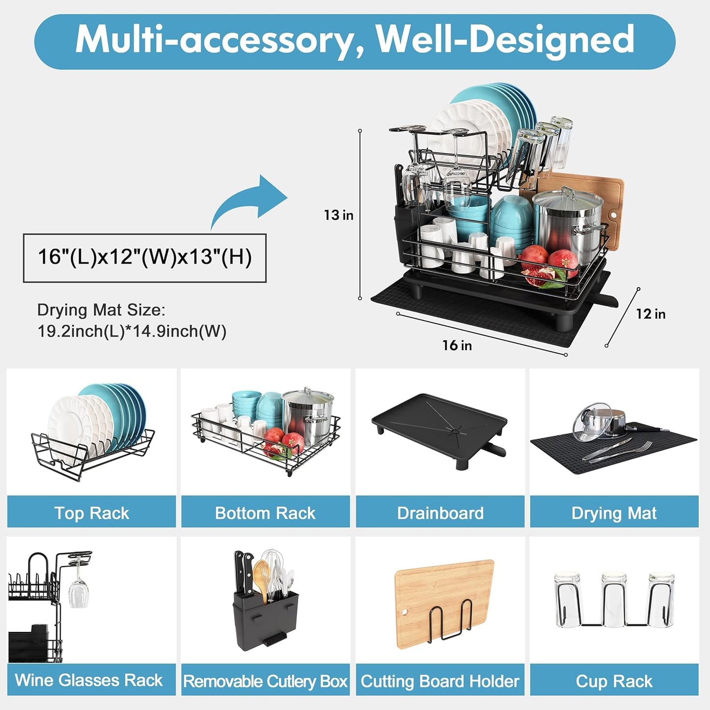 JASIWAY 2 Tier Black Large Stainless Steel Dish Drainers Drying Rack for Kitchen Counter with Drainboard, Rust Proof Metal, Space Saving, Modern Aesthetic, Compact Plates Strainers with Extra Mat