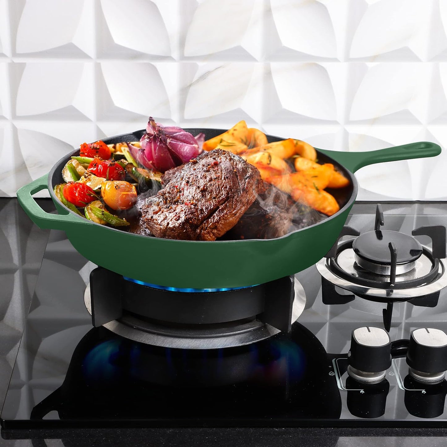 Utopia Kitchen Cast Iron Frying Pan 10.25 Inch, Cast Iron Chefs Pan, Pre Seasoned Skillet, Safe Grill Cookware for Indoor & Outdoor Use, Green