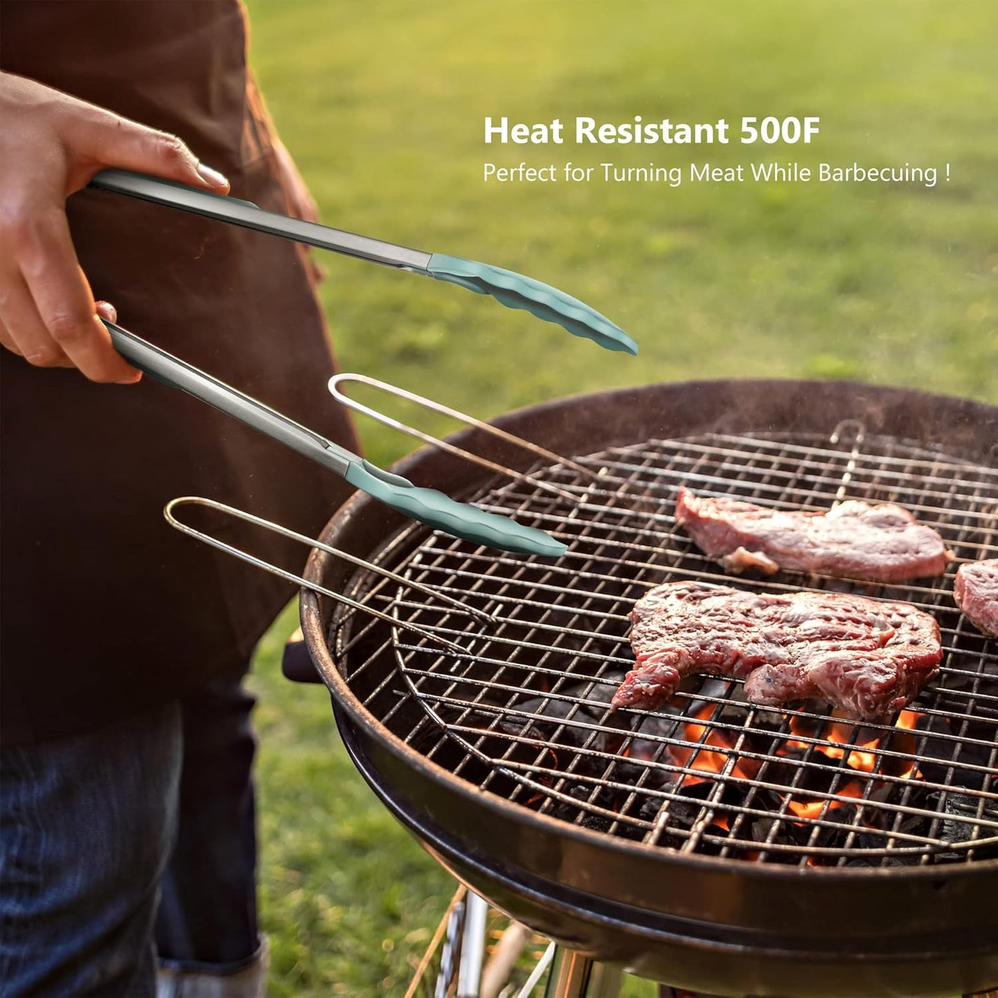 9-Inch & 12-Inch Cooking Tongs, Premium Silicone Set of 2 BPA Free Non-Stick Stainless Steel BBQ Grilling Locking Food Tong, Aqua Sky