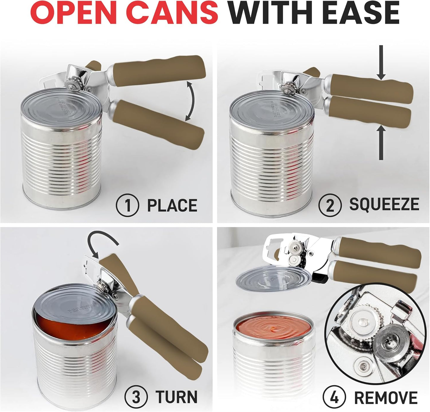 Zulay Kitchen Heavy Duty Stainless Steel Can Opener Manual with Bottle Opener - Rust Proof Manual Can Opener With Turn Knob & Comfy Soft Grip Handles - Brown