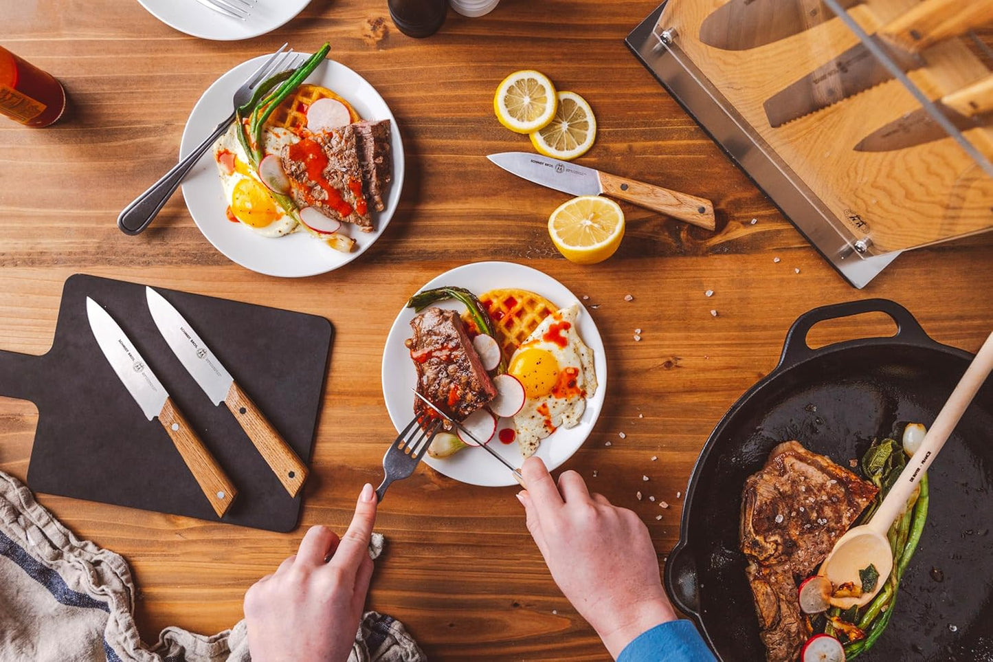 Schmidt Brothers - 9-Piece Natural White Oak Hex Knife Set, High-Carbon Stainless Steel Cutlery with Natural White Oak and Acrylic Magnetic Knife Block