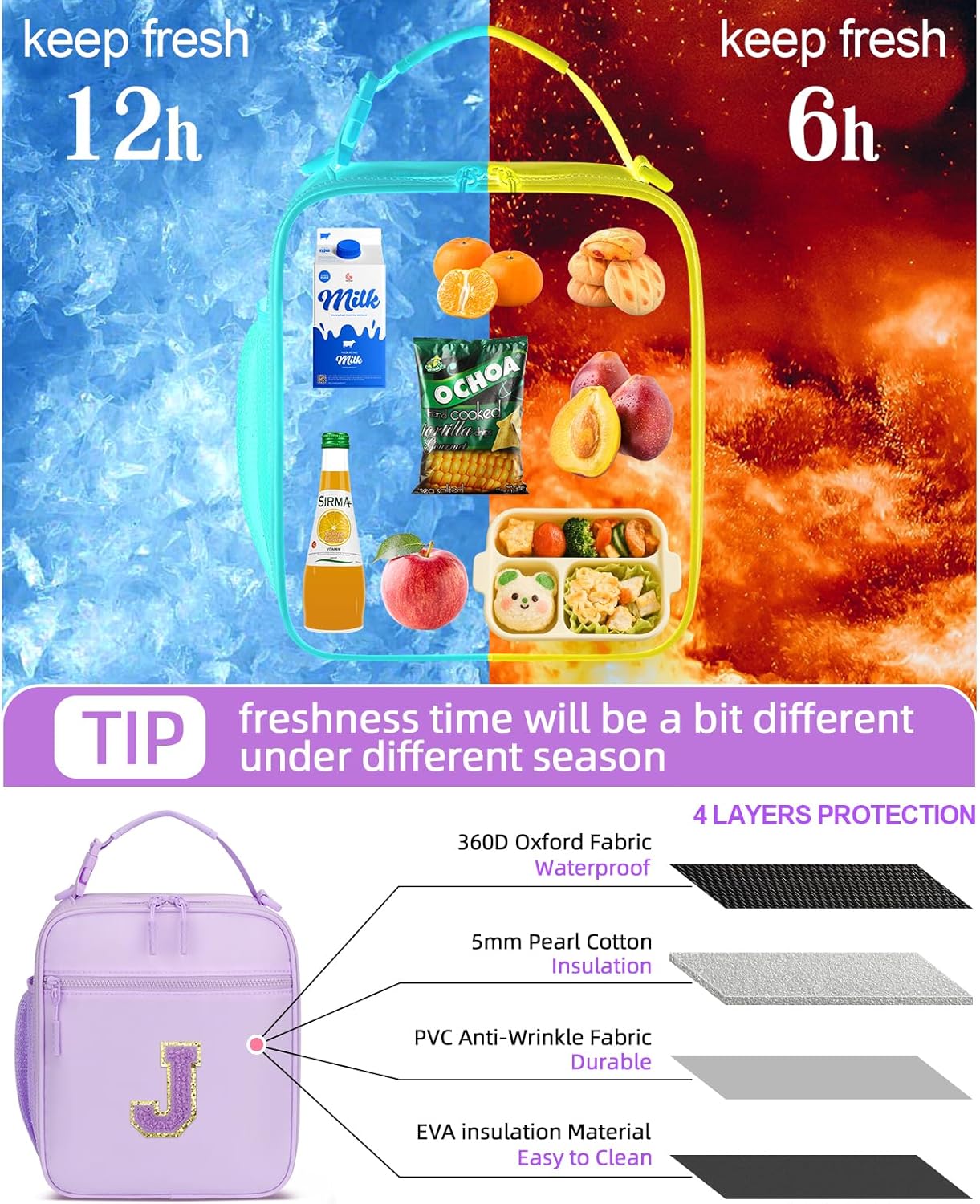 Initial Insulated Lunch Bag for Girls Kids, Back to School Gift, Reusable Leak-proof Lunch Box with Adjustable Strap for School Daycare Travel Picnic (Purple,J)