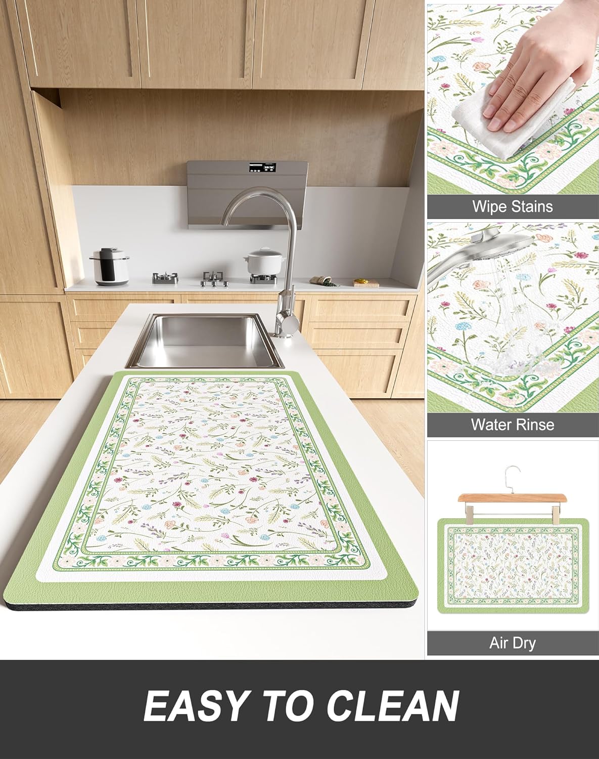 Rnivvi Dish Drying Mat for Kitchen Counter, 12 x 19" Cute Flower Theme Super Absorbent Draining Pad, Non-Slip Heat Resistant Coffee Bar Mat for Coffee Machine Station Accessories, Green Dish Rack Pad