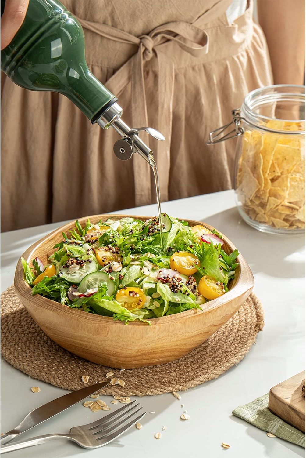 Olive Oil Dispenser Bottle with Spout, 18 oz Ceramic Oil Dispensers for Kitchen, Opaque Cruet, EVOO & Vinegar Bottle with Automatic Stainless Steel Pourer, Pack of 1, Gradient Green