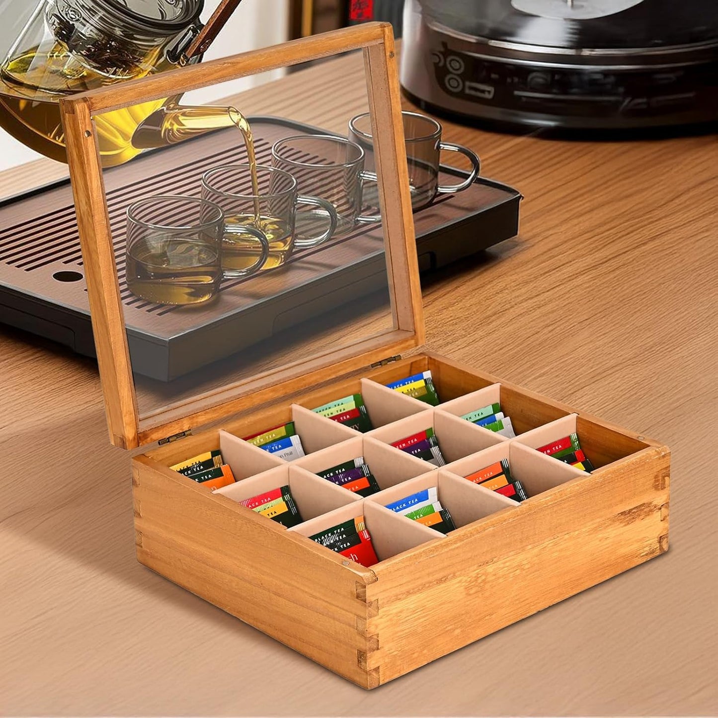 Wood Tea Box Organizer 12 Compartment Multi-Functional Storage Box with Clear Acrylic Window,Tea Bag Holder for Cabinet.