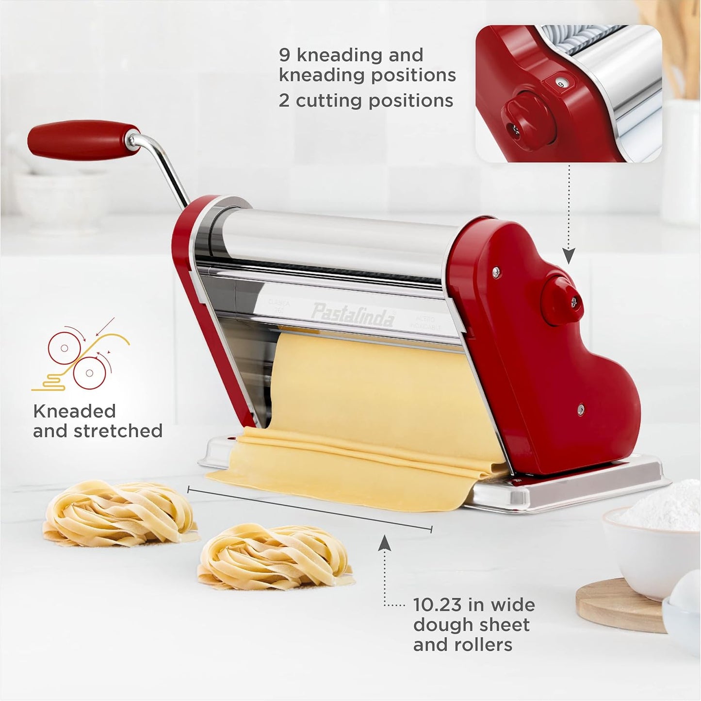 PASTALINDA Classic 260 Pasta Maker Machine, 26 cm Wide Rollers, 9 Thickness Positions, 2 Cutting Positions, Stainless Steel. Includes Reinforced Hand Crank And Two Clamps (Bordeaux)