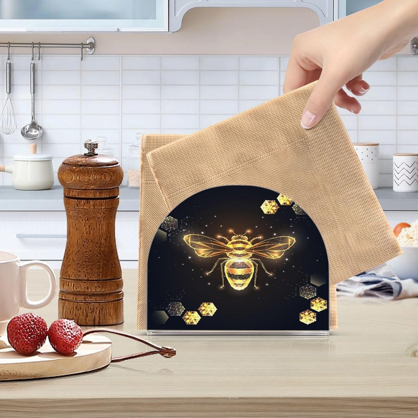 Gold Honey Bee Honeycombs Napkin Holder for Table Paper Napkins Holder Acrylic Tissue Dispenser Kitchen Dining Room Bathroom Party Car Decor