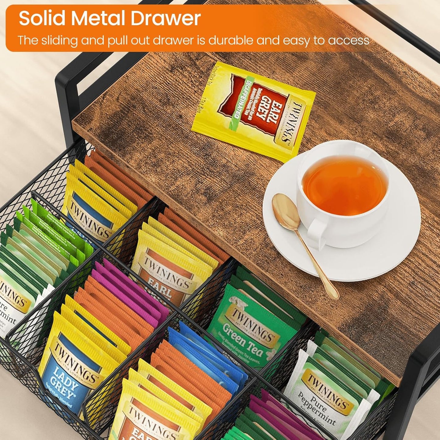 Homode Tea Bag Organizer, Wood Tea Organizers and Storage Chest, Teabag Holder with Storage Drawer,Tea Station Chest Display Container Box for Countertop Kitchen, Rustic Brown